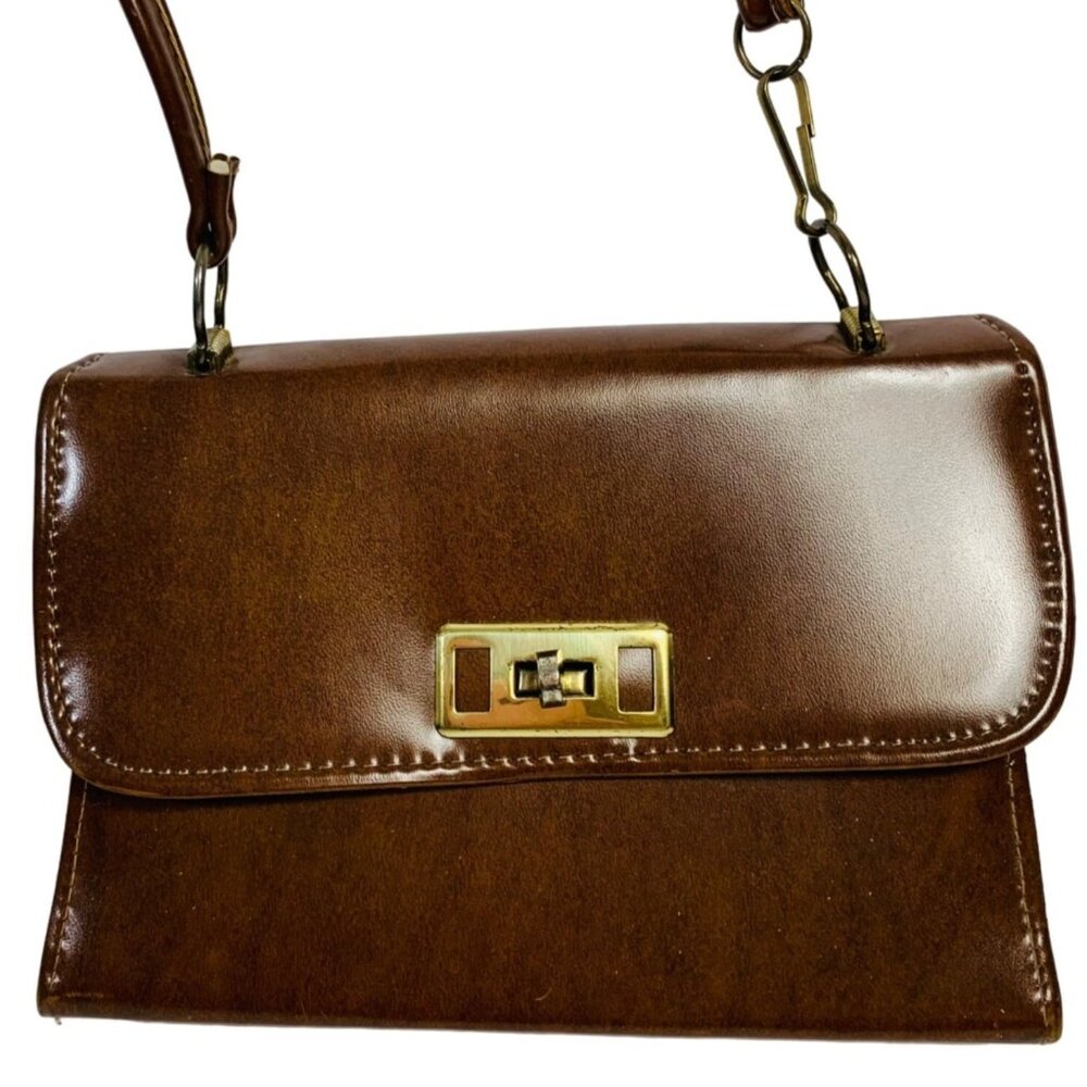 60s Brown Retro Flap Crossbody Patent Handbag Adjustable Strap Purse Organizer